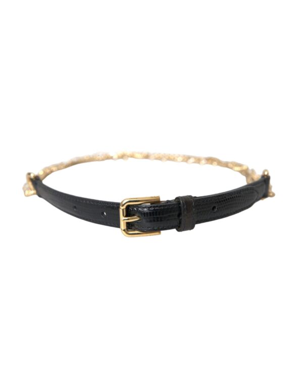 Dolce & Gabbana Black Leather Gold Chain Crystal Waist Dame Belt