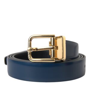 Dolce & Gabbana Blue Calf Leather Gold Metal Buckle Belt Herre