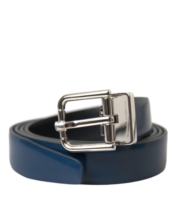 Dolce & Gabbana Blue Calf Leather Silver Metal Buckle Belt Herre