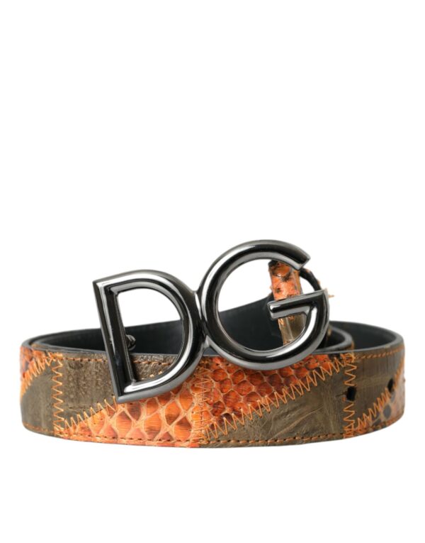 Dolce & Gabbana Patchwork Python Leather Logo Buckle Belt Herre