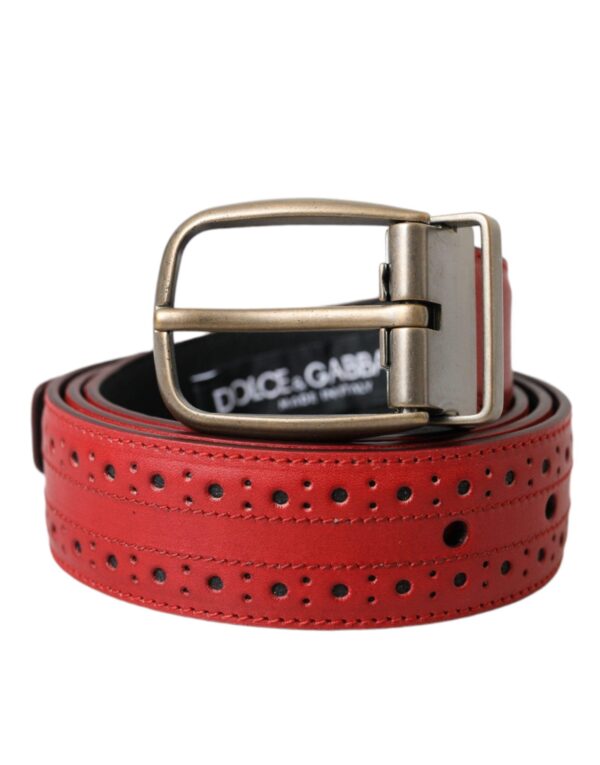 Dolce & Gabbana Red Perforated Leather Metal Buckle Belt Herre